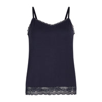 A navy blue camisole tank top with thin straps and delicate lace trim along the neckline and hem, displayed against a solid white background.