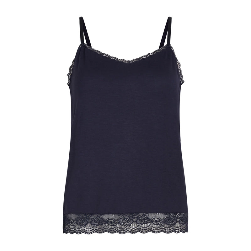 A navy blue camisole tank top with thin straps and delicate lace trim along the neckline and hem, displayed against a solid white background.