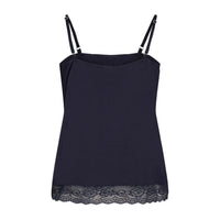 A dark navy blue camisole top with thin adjustable shoulder straps and a black lace hem, shown from behind against a solid white background.
