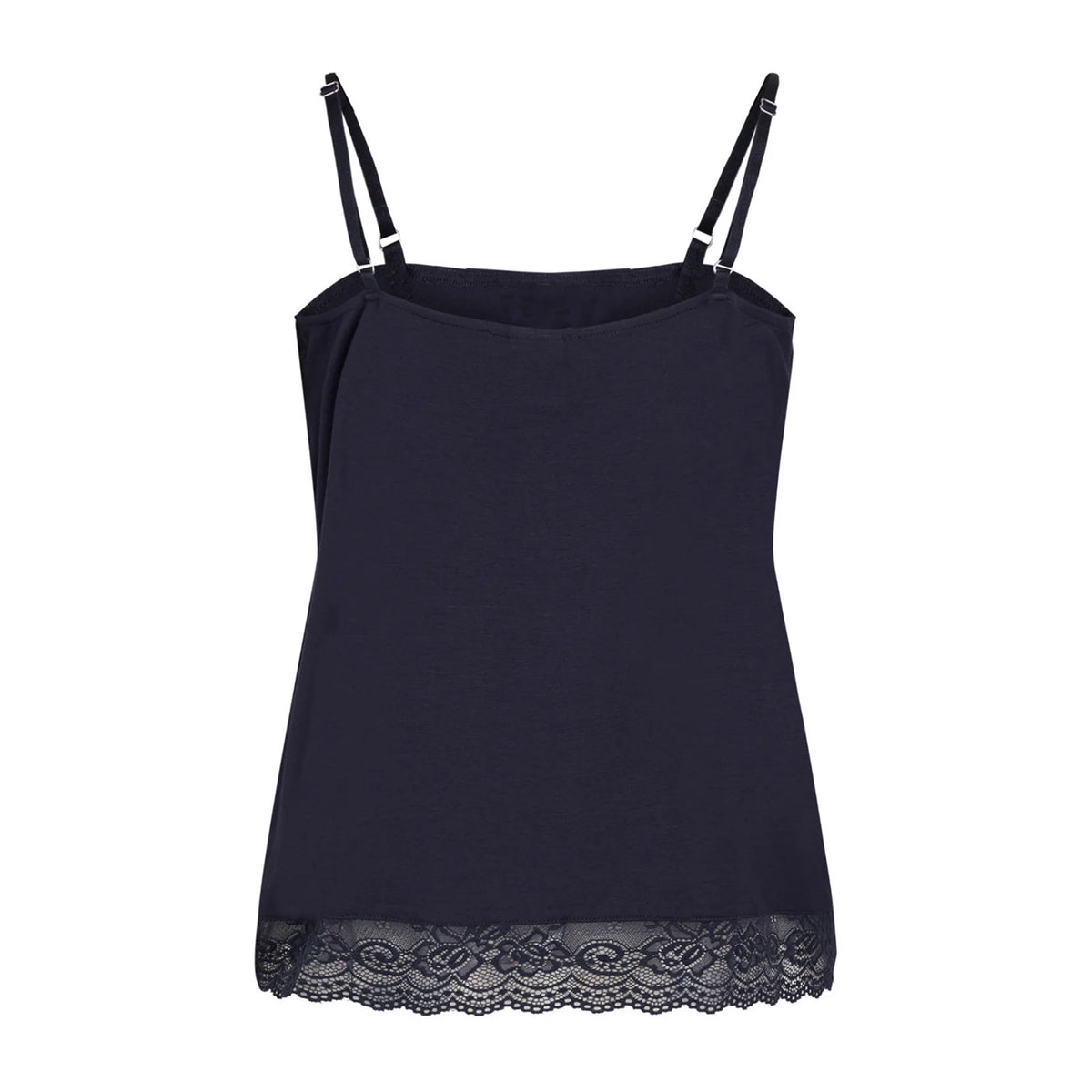 A dark navy blue camisole top with thin adjustable shoulder straps and a black lace hem, shown from behind against a solid white background.