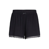 Black shorts with a lace hem and a small drawstring bow at the elastic waistband, shown against a plain white background.