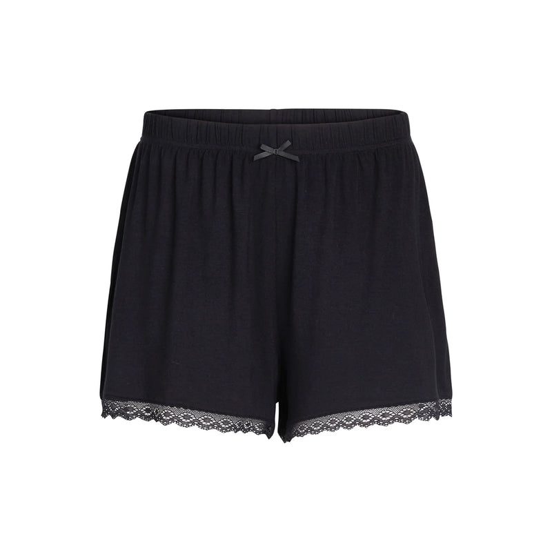 Black shorts with a lace hem and a small drawstring bow at the elastic waistband, shown against a plain white background.