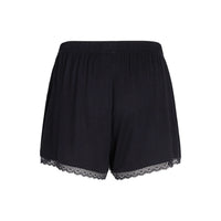 Black shorts with a lace hem and an elastic waistband, shown from behind against a plain white background.