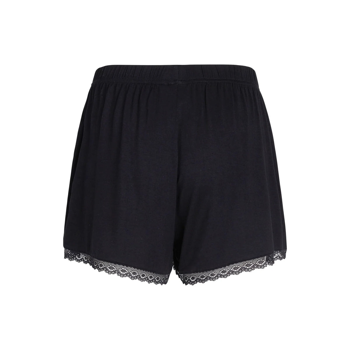 Black shorts with a lace hem and an elastic waistband, shown from behind against a plain white background.