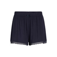Navy blue shorts with a lace hem and a small drawstring bow at the elastic waistband, shown against a plain white background.