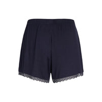 Navy blue shorts with a lace hem and an elastic waistband, shown from behind against a plain white background.