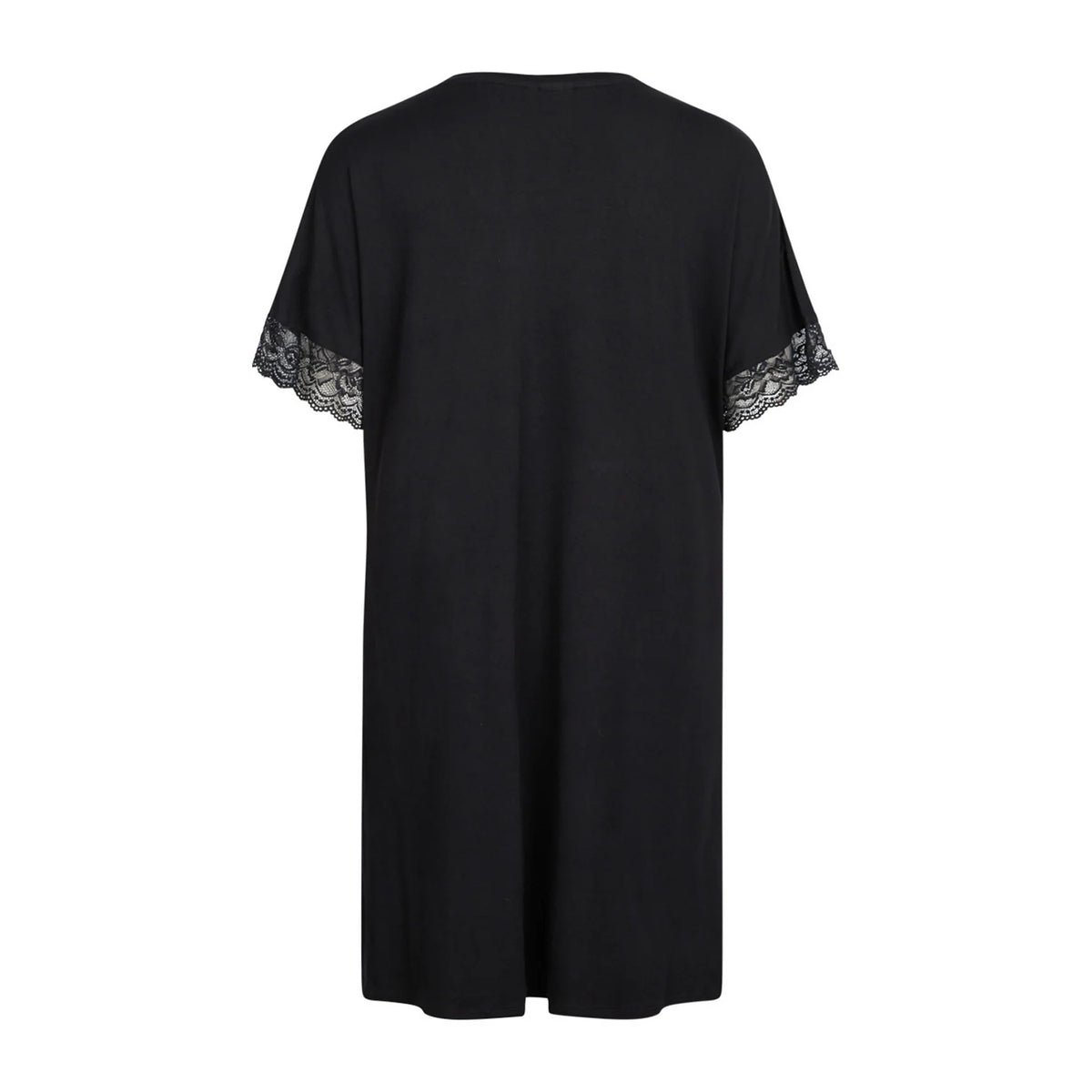 A black short-sleeve nightgown with delicate lace trim at the cuffs, shown from the back against a plain white background.