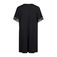 A black short-sleeve nightgown with delicate lace trim at the cuffs, shown from the back against a plain white background.