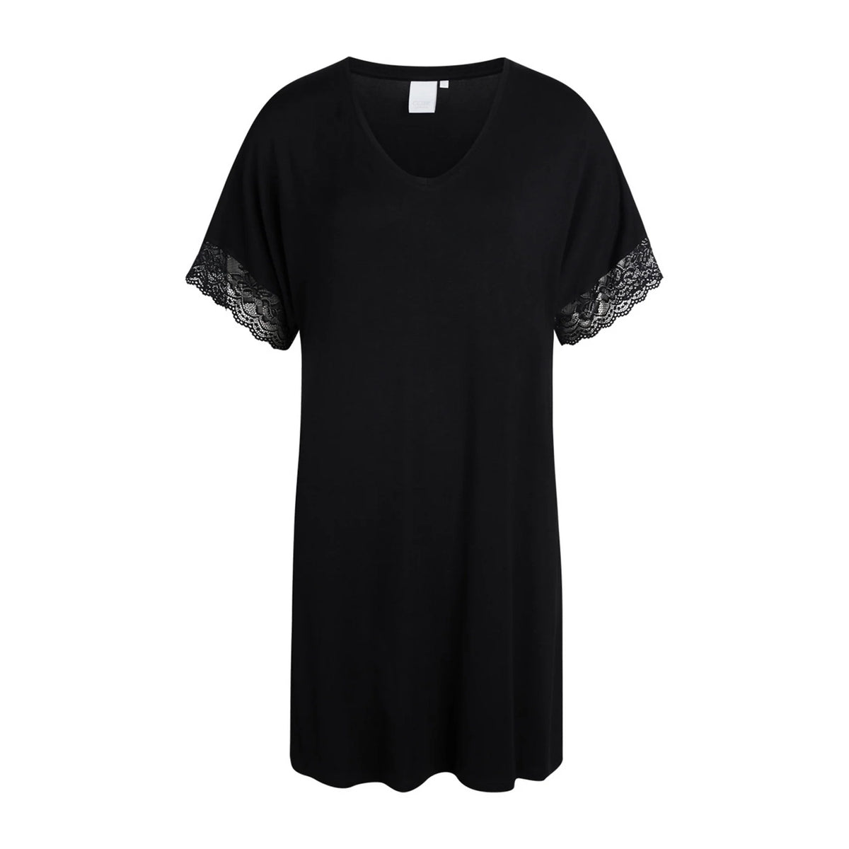 A black short-sleeve V-neck nightdress with delicate lace trim at the sleeve cuffs, shown against a plain white background.