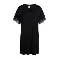 A black short-sleeve V-neck nightdress with delicate lace trim at the sleeve cuffs, shown against a plain white background.