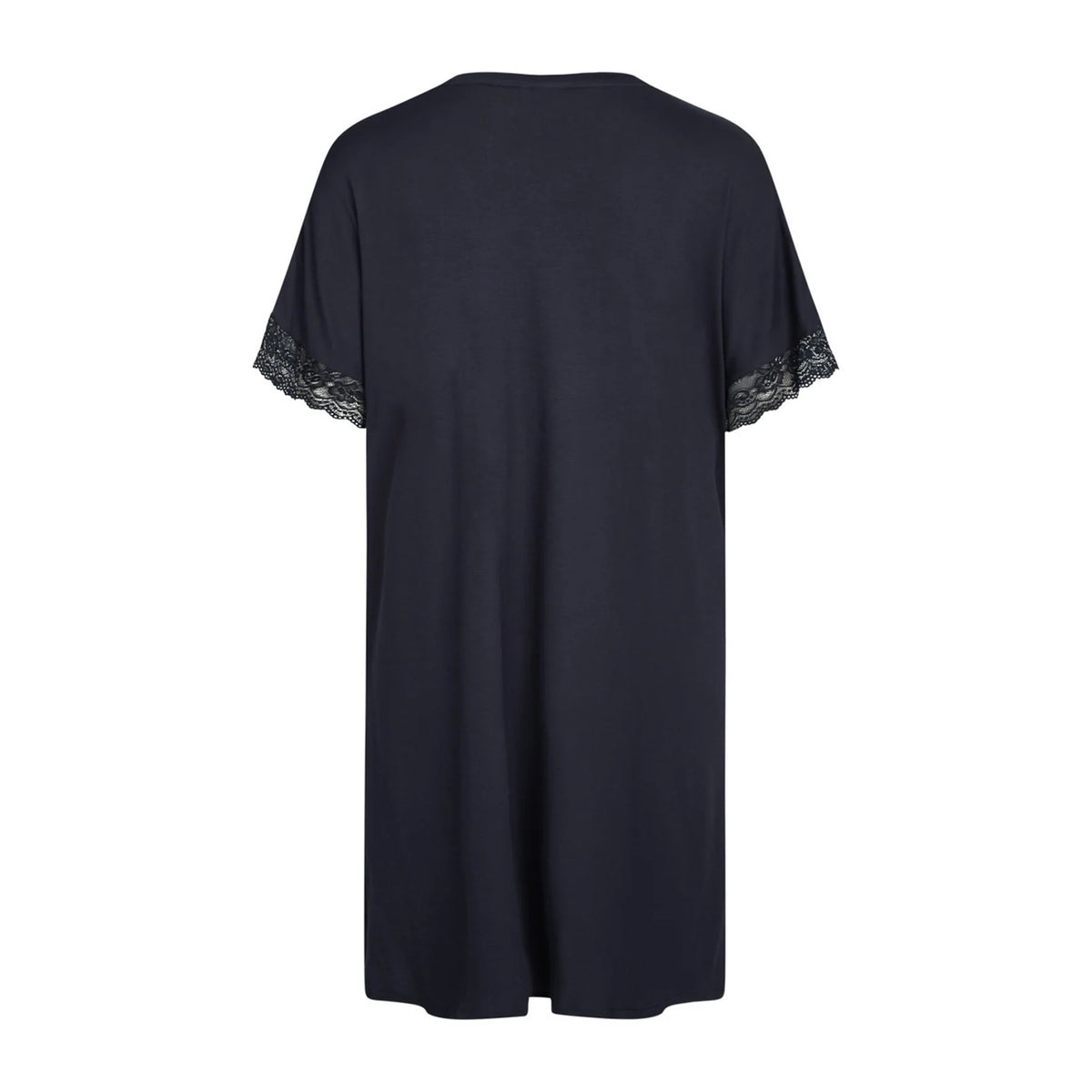 A dark navy blue short-sleeve nightgown  with a lace trim at the sleeve cuffs, shown from the back on a plain white background.