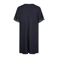 A dark navy blue short-sleeve nightgown  with a lace trim at the sleeve cuffs, shown from the back on a plain white background.