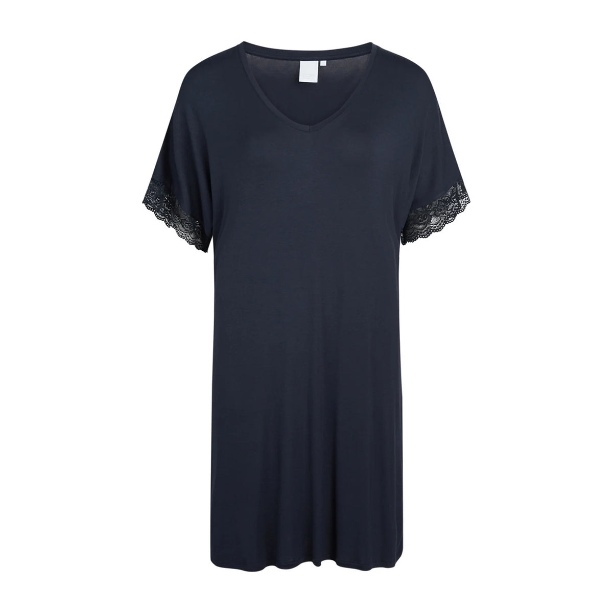 Navy nightdress with lace sleeves on a white background