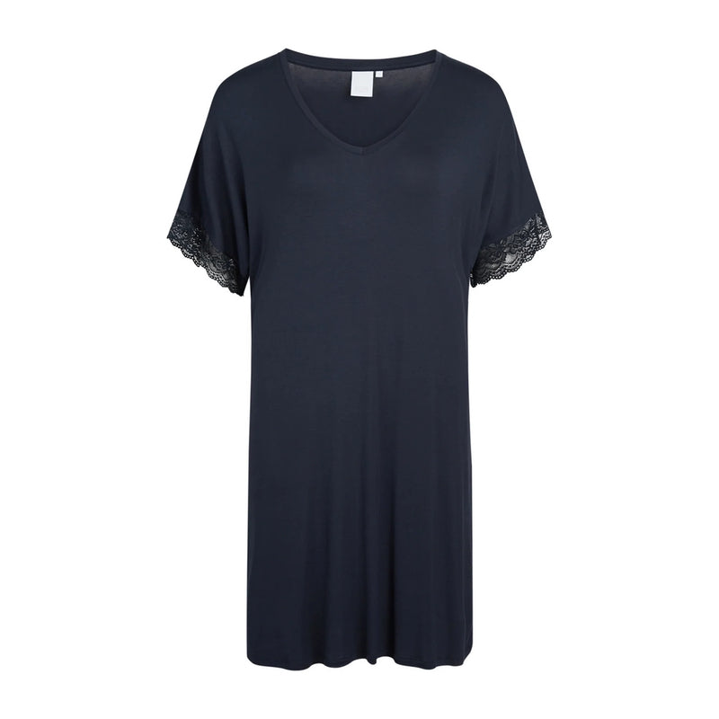 Navy nightdress with lace sleeves on a white background