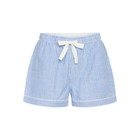 Light blue and white vertically striped shorts with a white drawstring bow at the elastic waistband and white piping along the hem.