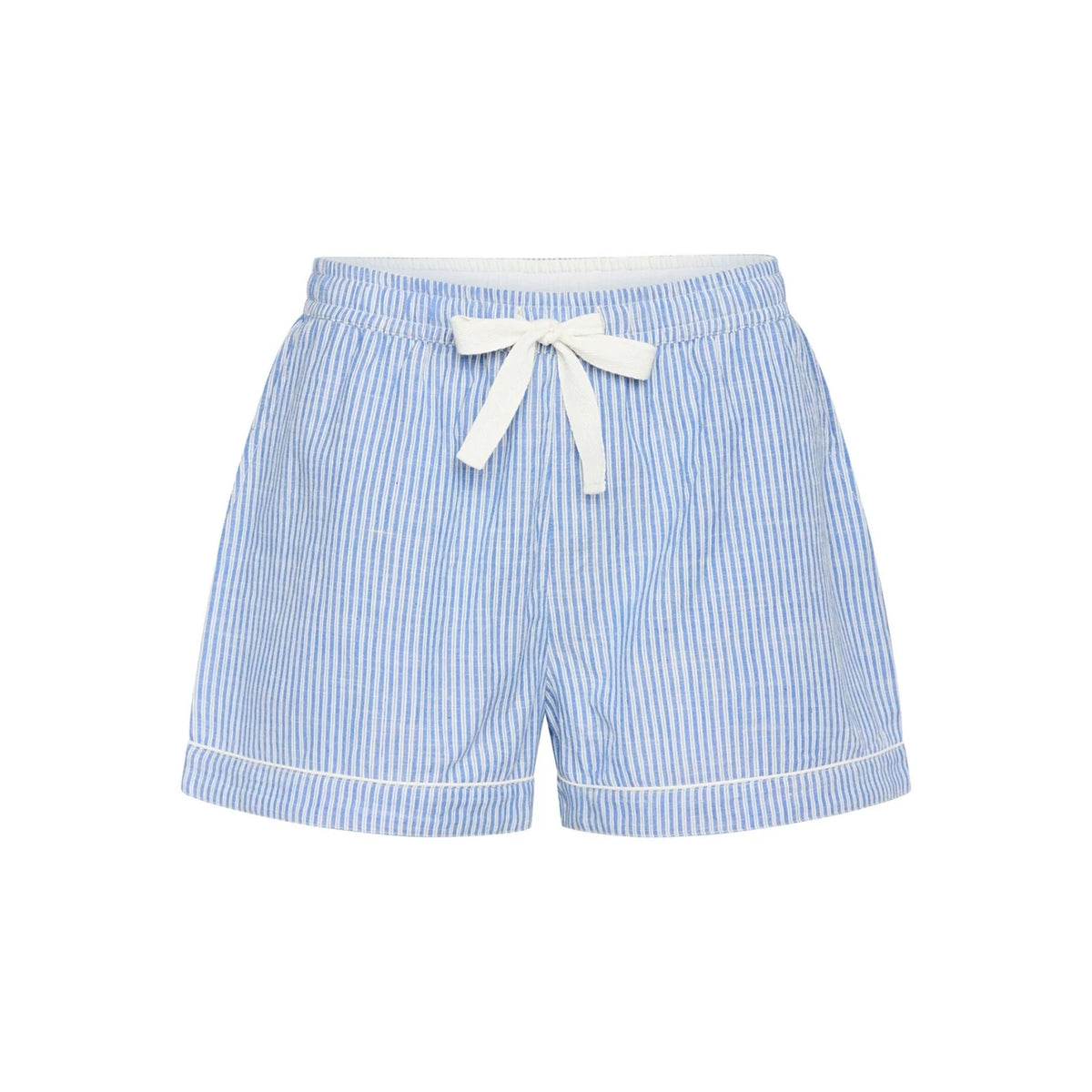 Light blue and white vertically striped shorts with a white drawstring bow at the elastic waistband and white piping along the hem.