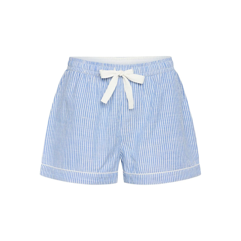 Light blue and white vertically striped shorts with a white drawstring bow at the elastic waistband and white piping along the hem.