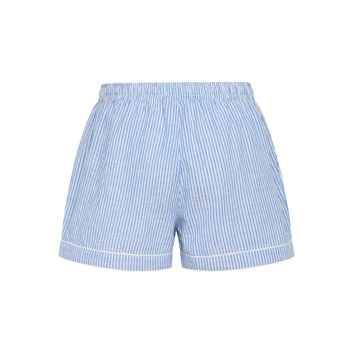 Light blue and white vertically striped boxer shorts with white piping along the waistband and hem, shown from behind, flat against a white background.