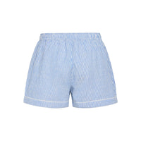 Light blue and white vertically striped boxer shorts with white piping along the waistband and hem, shown from behind, flat against a white background.