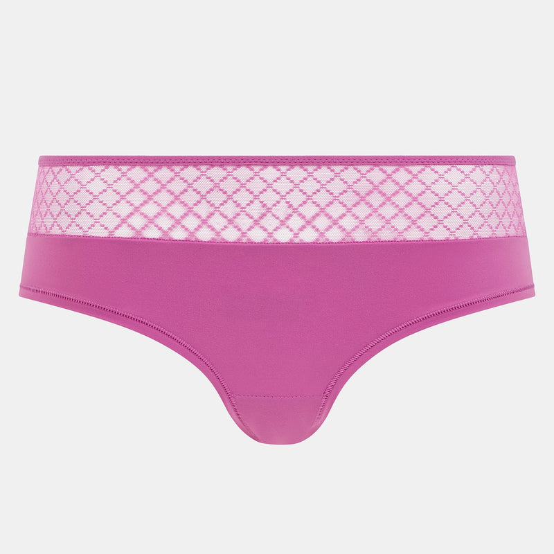 pink shorty with white lattice pattern on a light gray background