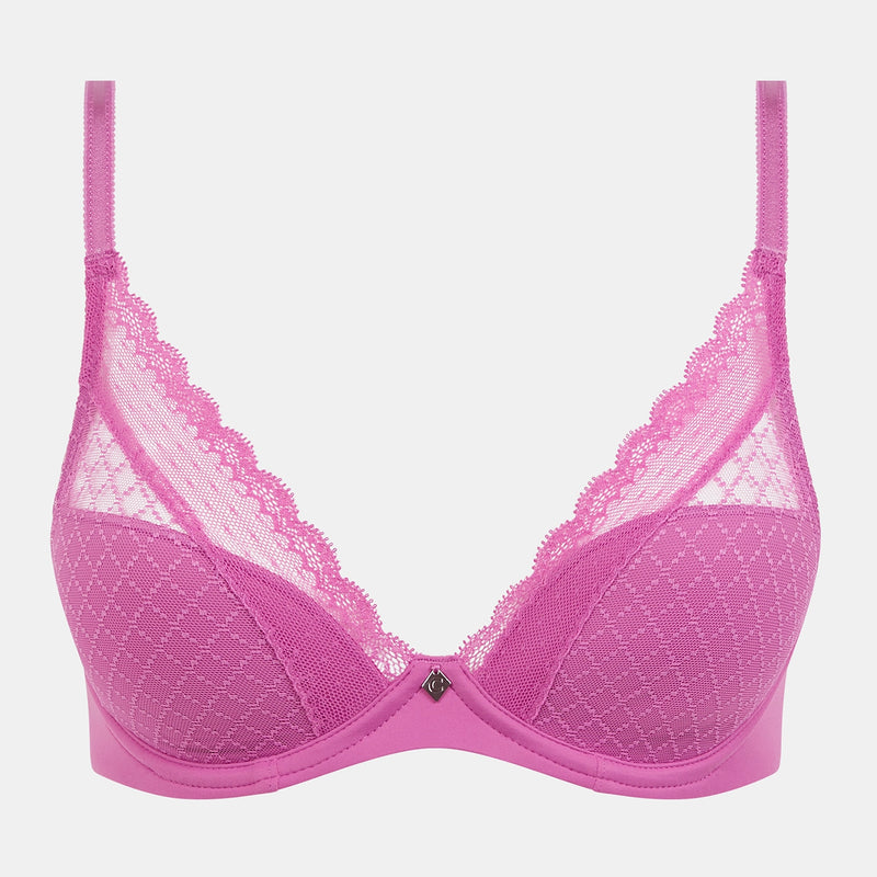 pink bra with lace details on a light grey background