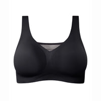 A black wireless bra with wide shoulder straps and a wide underband, shown against a plain white background.