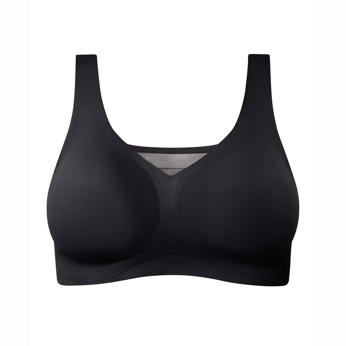 A black wireless bra with wide shoulder straps and a wide underband, shown against a plain white background.