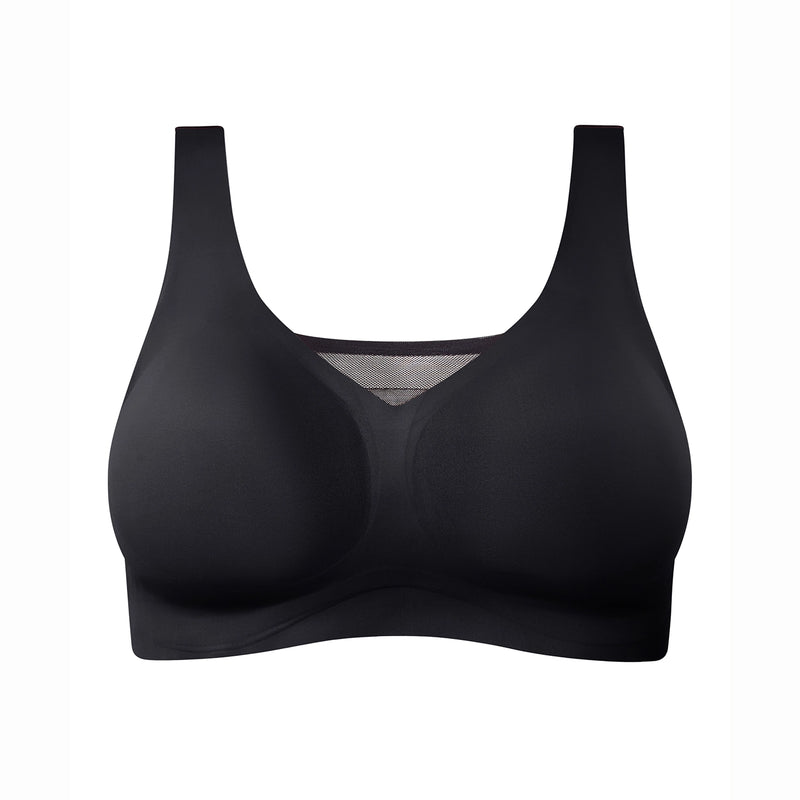 A black wireless bra with wide shoulder straps and a wide underband, shown against a plain white background.