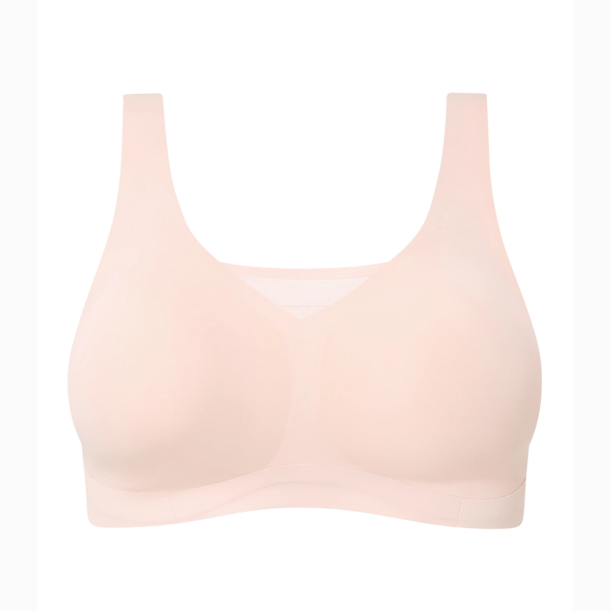 A light peach-beige wireless bra with a wide scoop neckline and wide shoulder straps, shown against a plain white background.