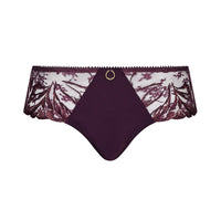 A pair of women's lace panties in a deep plum purple color, featuring a solid front panel, sheer floral lace side panels, and a small gold ring detail at the center waistband.