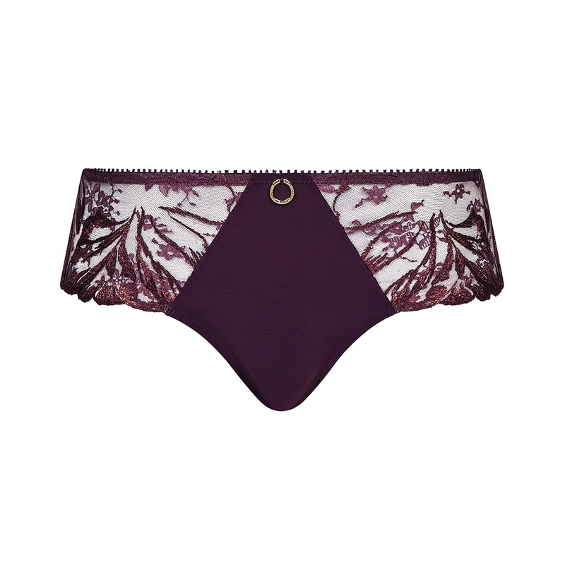 A pair of women's lace panties in a deep plum purple color, featuring a solid front panel, sheer floral lace side panels, and a small gold ring detail at the center waistband.