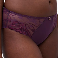 Close-up of a model wearing purple lace and mesh panties with a small gold ring detail on the side.