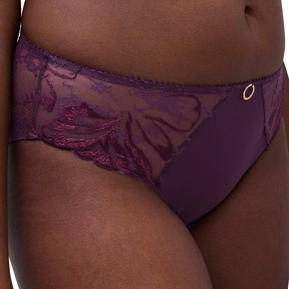 Close-up of a model wearing purple lace and mesh panties with a small gold ring detail on the side.