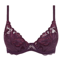 A dark plum purple lace bra with textured floral embroidery and a small silver ring at the center front, shown against a plain white background.