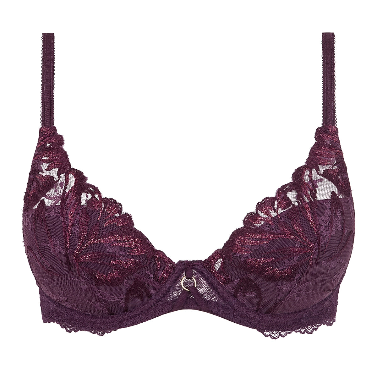 A dark plum purple lace bra with textured floral embroidery and a small silver ring at the center front, shown against a plain white background.