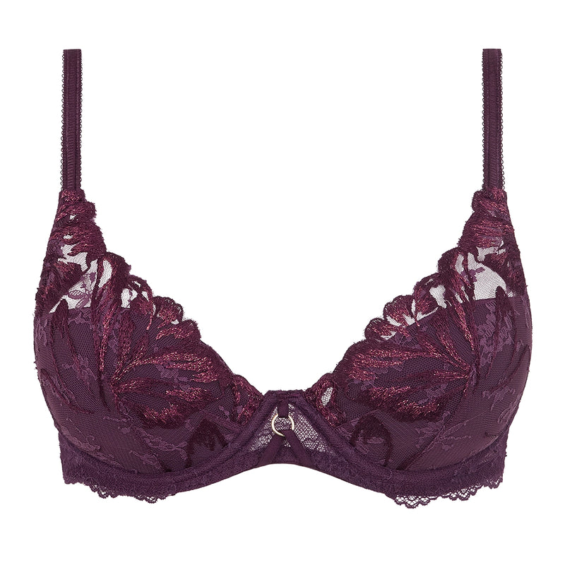 A dark plum purple lace bra with textured floral embroidery and a small silver ring at the center front, shown against a plain white background.