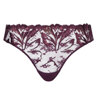 A pair of women's lace thong panties in a deep plum purple color, featuring a sheer floral lace pattern over a white mesh base and a solid fabric pouch at the front.