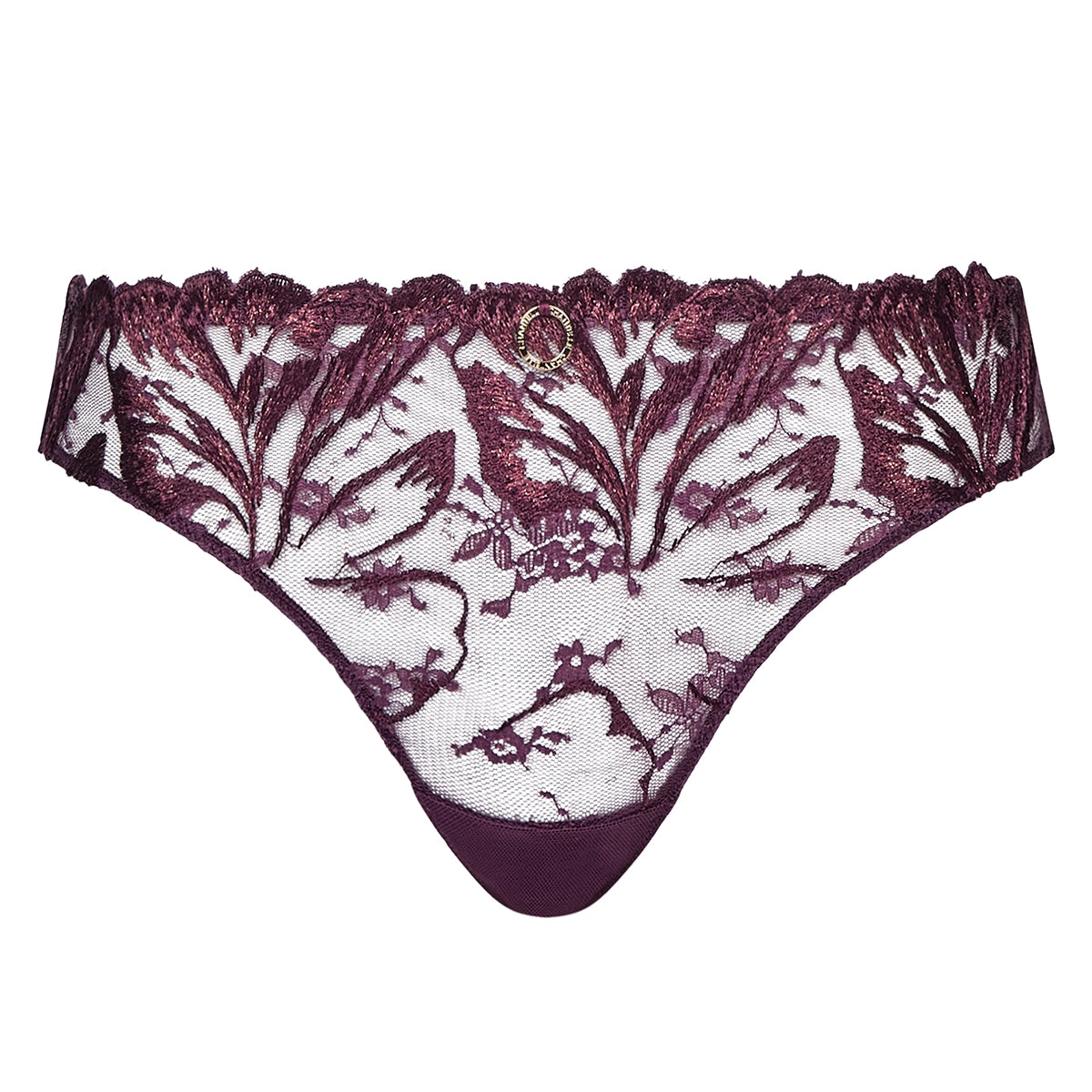 A pair of women's lace thong panties in a deep plum purple color, featuring a sheer floral lace pattern over a white mesh base and a solid fabric pouch at the front.