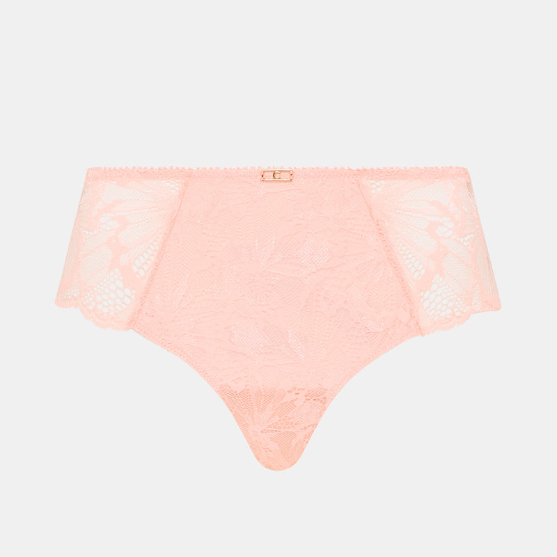pink lace underwear on a light grey background