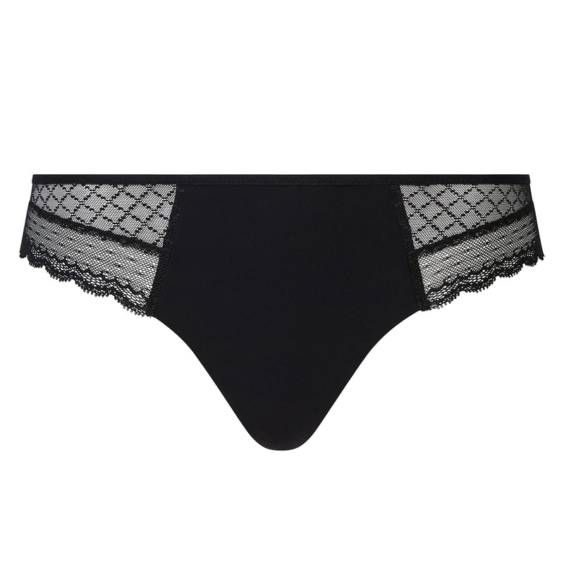 A black lace thong with a solid center panel and sheer patterned side panels, shown against a plain white background.