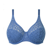 blue lace bra on a white background
