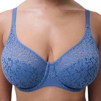 blue lace bra on a white background