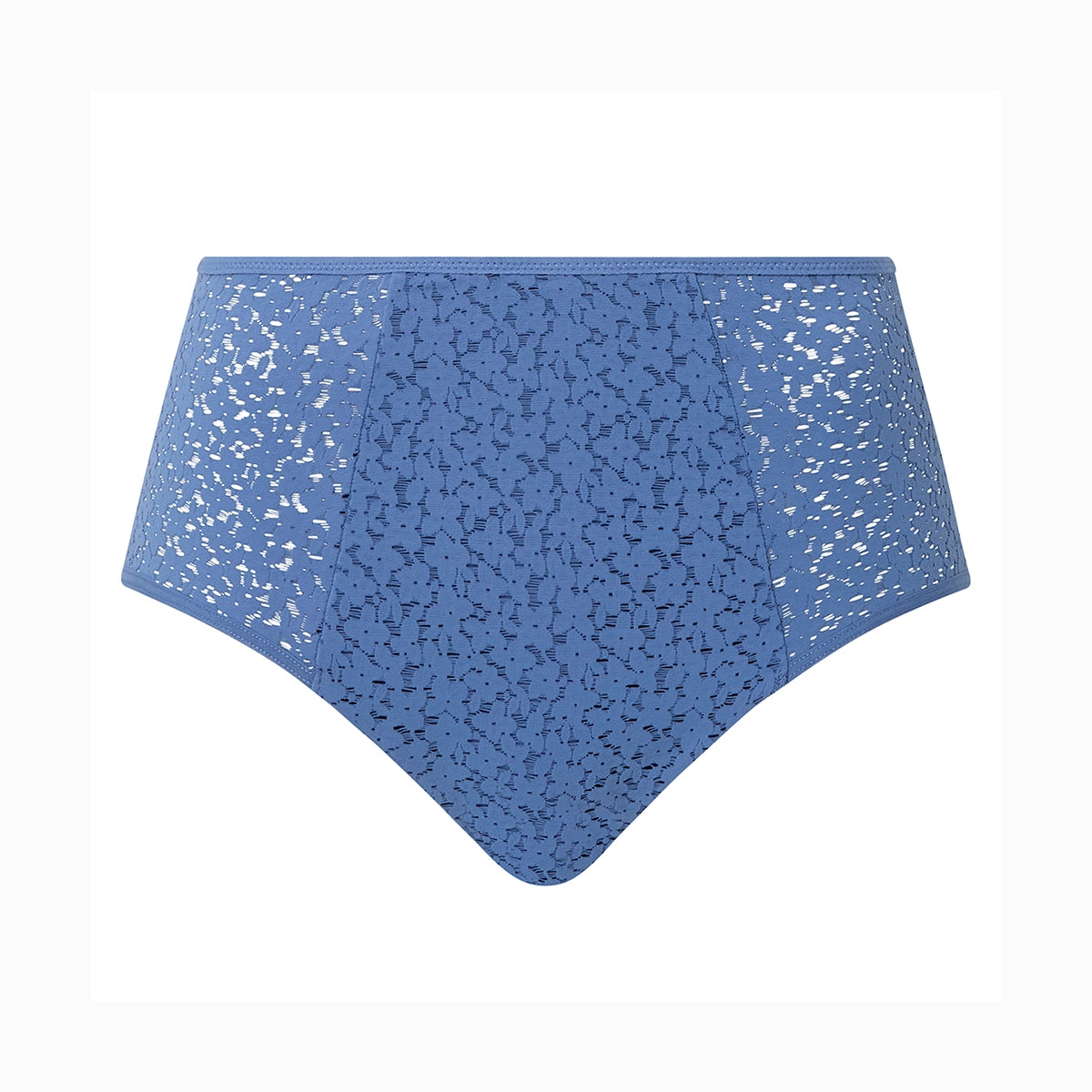 blue high-waisted bikini bottom with a textured pattern on a white background