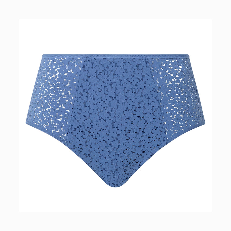 blue high-waisted bikini bottom with a textured pattern on a white background