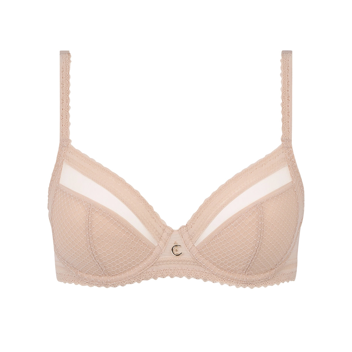 beige bra with white accents on a white background