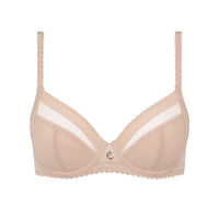 beige bra with white accents on a white background
