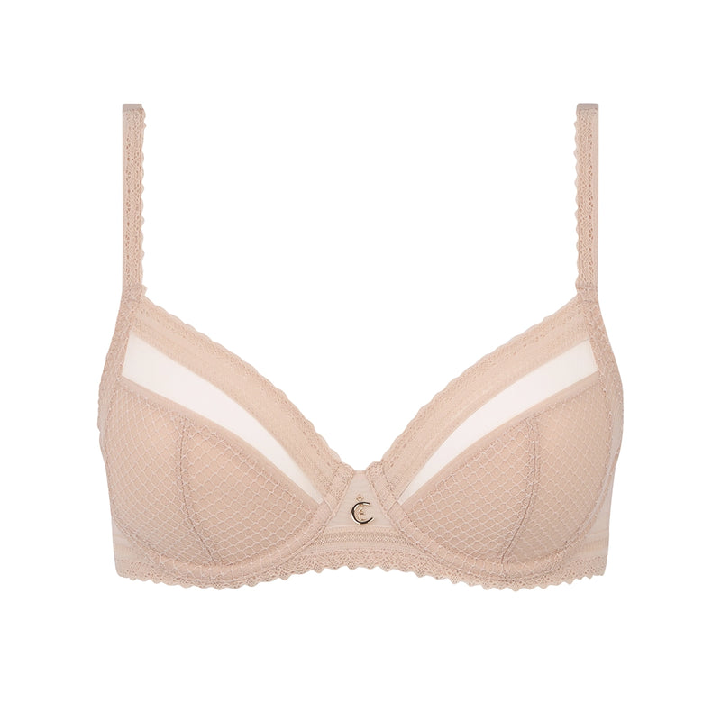 beige bra with white accents on a white background