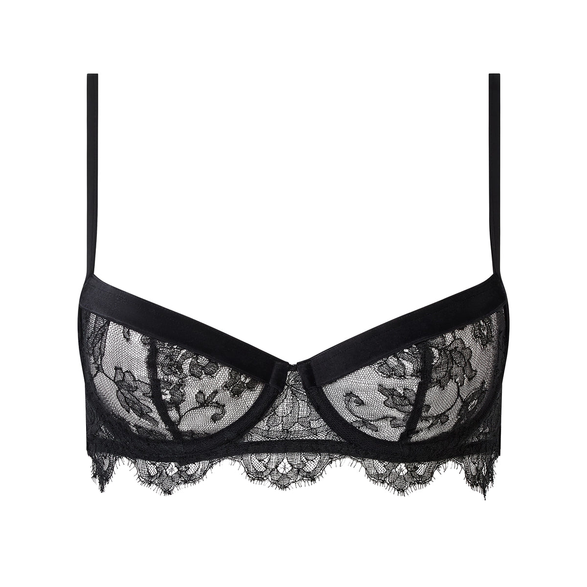 Black lace underwire bra with floral lace cups, solid black trim, and thin adjustable shoulder straps, shown against a plain white background.