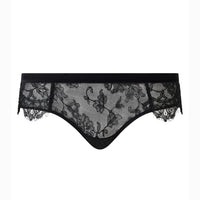 Black lace panties with a floral lace pattern and a solid black waistband, shown against a plain white background.