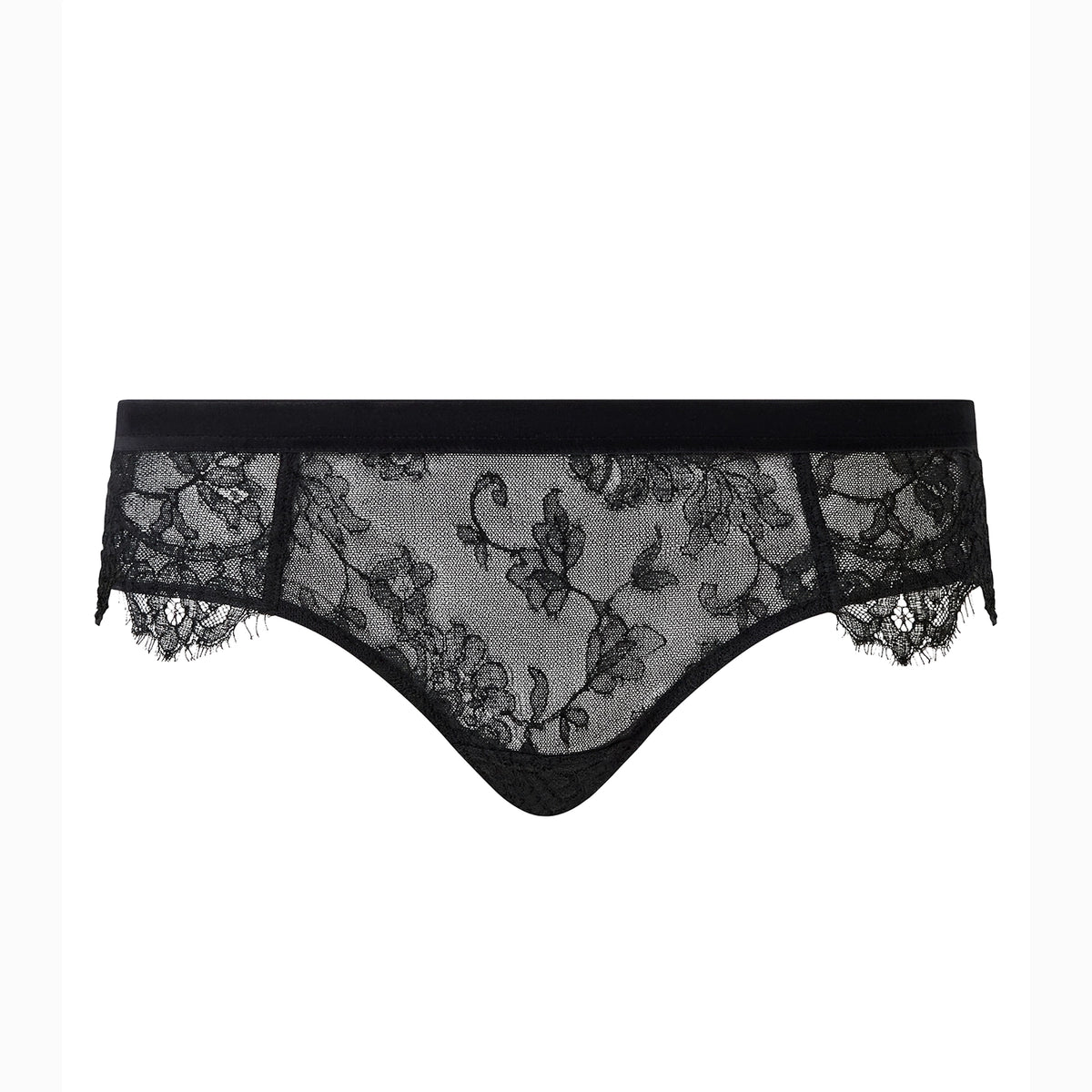 Black lace panties with a floral lace pattern and a solid black waistband, shown against a plain white background.